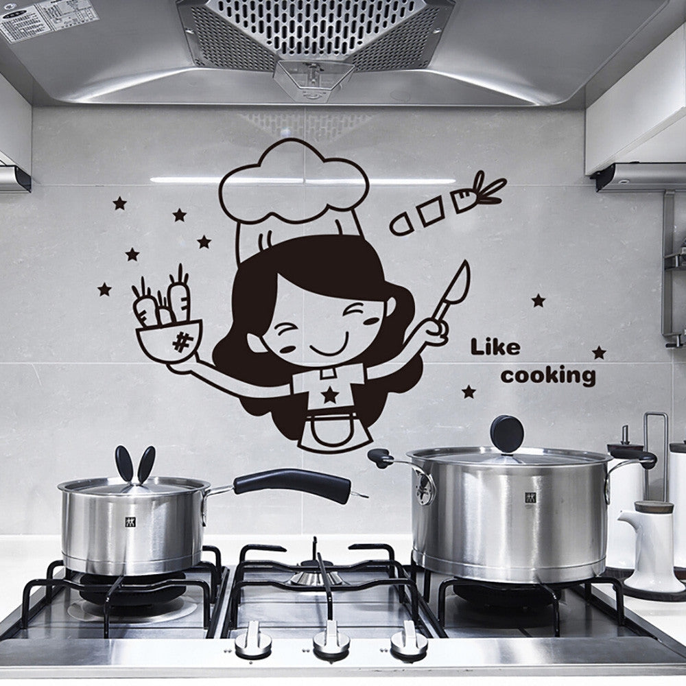 ELECTROPRIME Remove Waterproof Creative Cute Chef Cut Vegetables Kitchen Restaurant Wall Stickers, Size:20x30cm(Black)