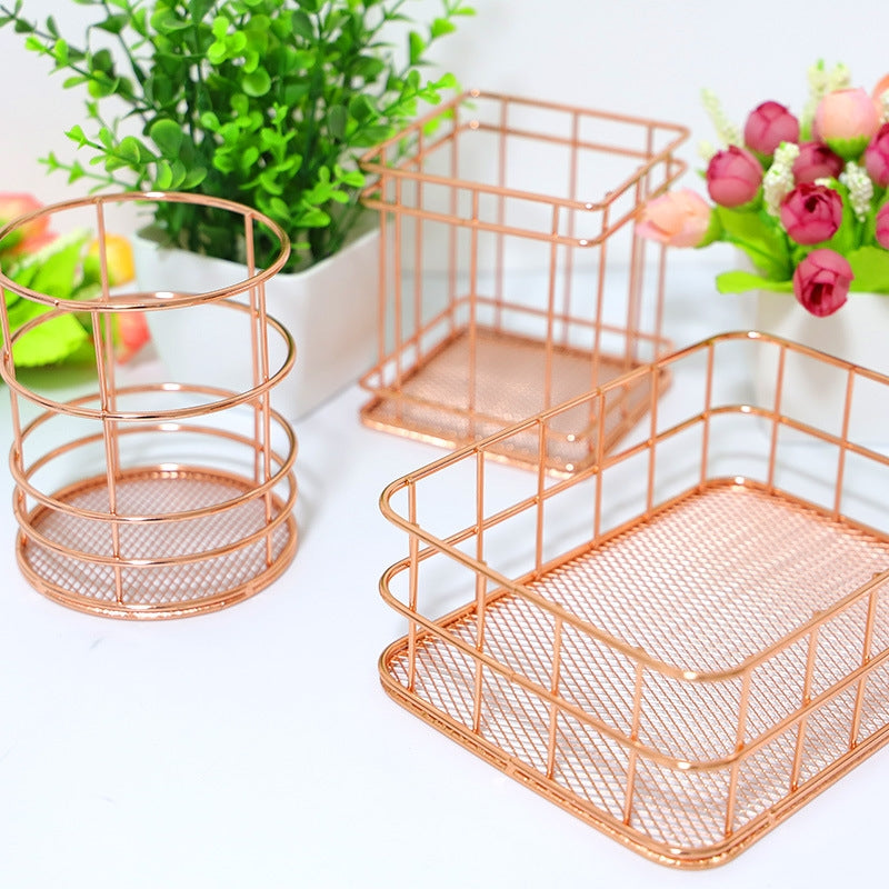 ELECTROPRIME Rose Gold Net Bottom Modern Minimalist Office Home Wrought Iron Storage Basket, Size:Large Size