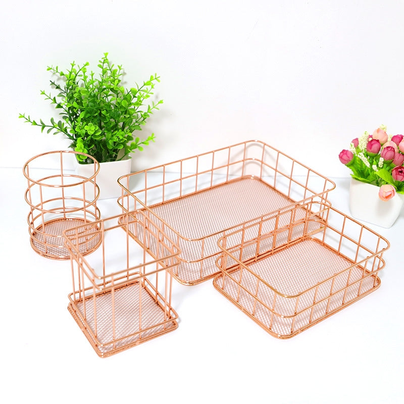 ELECTROPRIME Rose Gold Net Bottom Modern Minimalist Office Home Wrought Iron Storage Basket, Size:Large Size