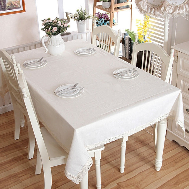 ELECTROPRIME Linen Cotton Thicken Tablecloth Hem Splice Washable Coffee Dinner Table Cloth for Wedding Banquet, Size:100x160cm(White Lace)