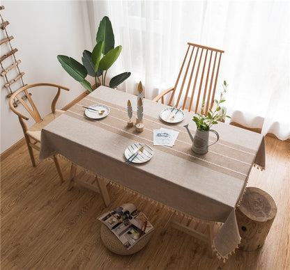 ELECTROPRIME Rectangle Cotton Linen Tassels Dining Tablecloth Wedding Party Kitchen Home Decoration Table Cover, Size:140x260cm(Brown)