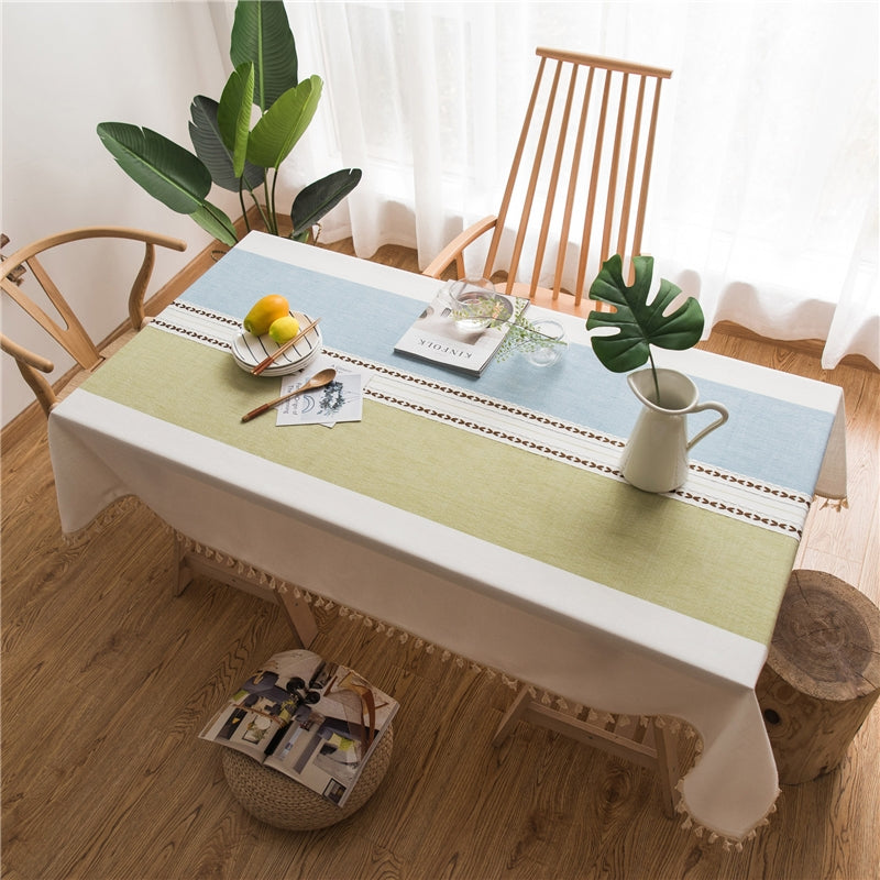 ELECTROPRIME Rectangle Cotton Linen Tassels Dining Tablecloth Wedding Party Kitchen Home Decoration Table Cover, Size:140x300cm(Blue Green Straight Line)
