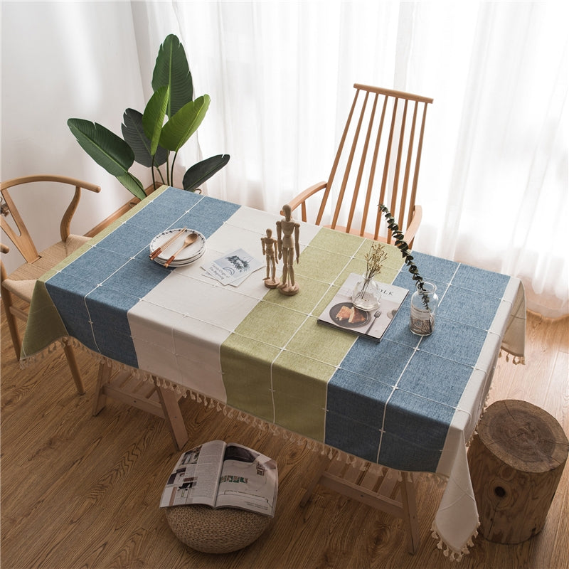ELECTROPRIME Rectangle Cotton Linen Tassels Dining Tablecloth Wedding Party Kitchen Home Decoration Table Cover, Size:140x300cm(Blue Green Plaid)