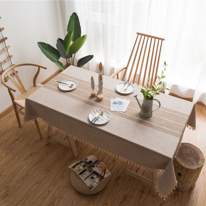 ELECTROPRIME Rectangle Cotton Linen Tassels Dining Tablecloth Wedding Party Kitchen Home Decoration Table Cover, Size:140x300cm(Brown)