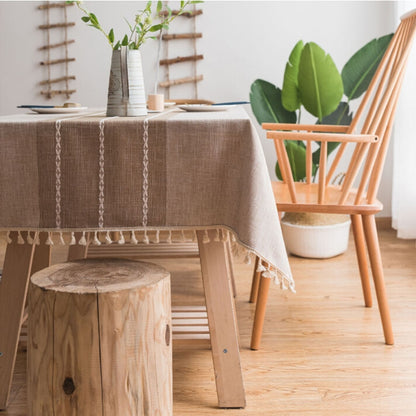 ELECTROPRIME Rectangle Cotton Linen Tassels Dining Tablecloth Wedding Party Kitchen Home Decoration Table Cover, Size:140x300cm(Brown)