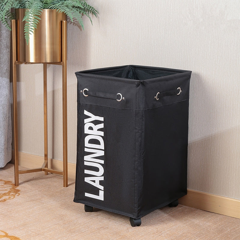 ELECTROPRIME Bathroom Oxford Waterproof Dirty Clothes Laundry Foldable Storage Basket Hamper with Wheels(Black)