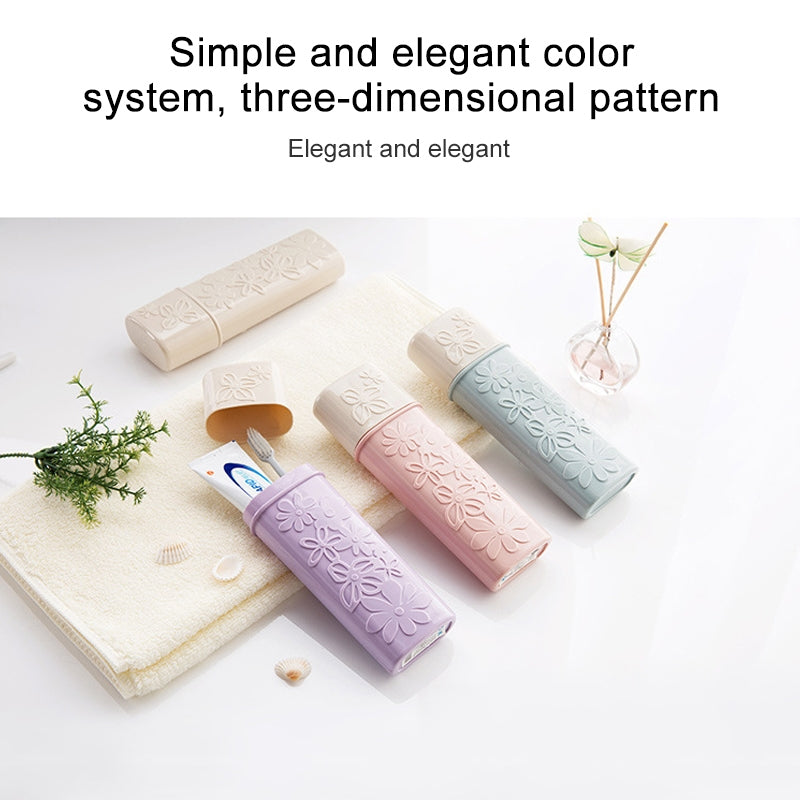 ELECTROPRIME Portable Flower Carved Toothbrush Holder Outdoor Toothrush Cap Case Toothpaste Storage Box Wash Cup(Beige)
