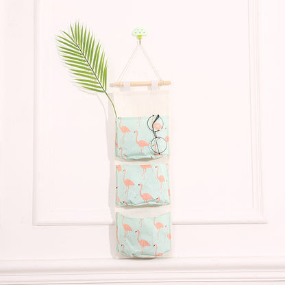 ELECTROPRIME Cotton Linen Hanging Storage Bag 3 Pockets Wall Mounted Wardrobe Hang Bag Wall Pouch Cosmetic Toys Organizer(Green flamingo)