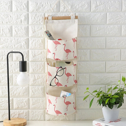 ELECTROPRIME Cotton Linen Hanging Storage Bag 3 Pockets Wall Mounted Wardrobe Hang Bag Wall Pouch Cosmetic Toys Organizer(Green flamingo)