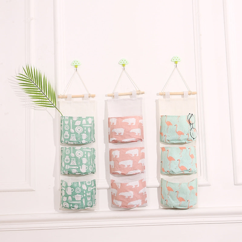 ELECTROPRIME Cotton Linen Hanging Storage Bag 3 Pockets Wall Mounted Wardrobe Hang Bag Wall Pouch Cosmetic Toys Organizer(Green flamingo)