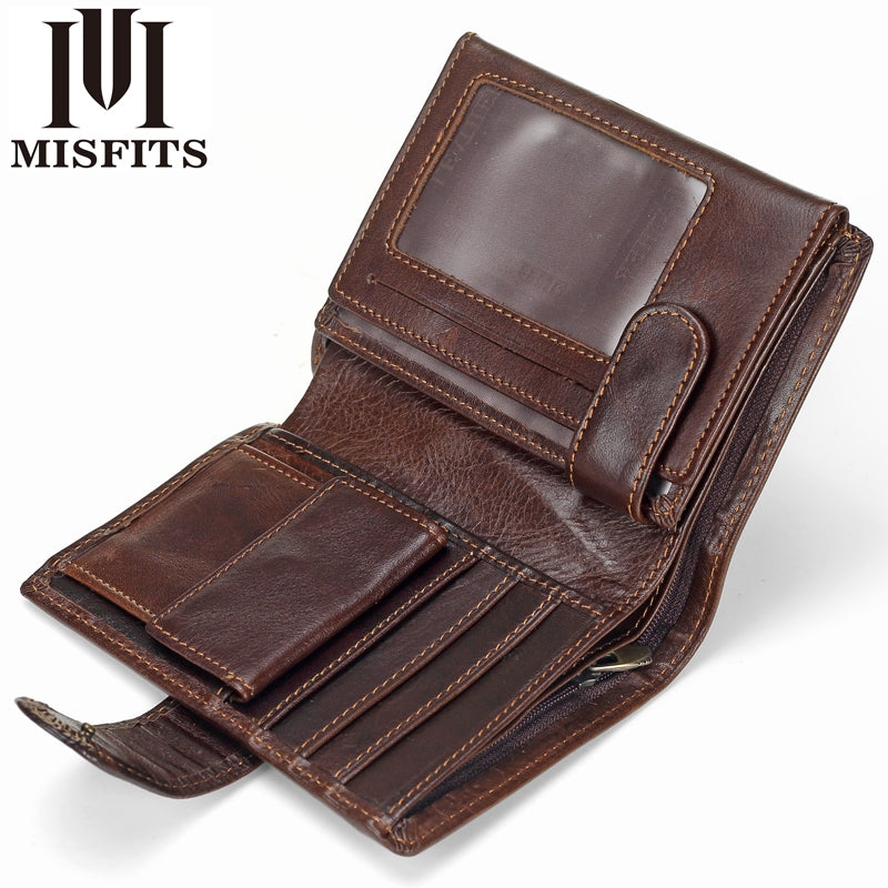 ELECTROPRIME Vintage Men Wallet Genuine Leather Short Wallets Male Multifunctional Cowhide Male Purse Coin Pocket Photo Card Holder(Black)