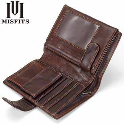 ELECTROPRIME Vintage Men Wallet Genuine Leather Short Wallets Male Multifunctional Cowhide Male Purse Coin Pocket Photo Card Holder(Black)