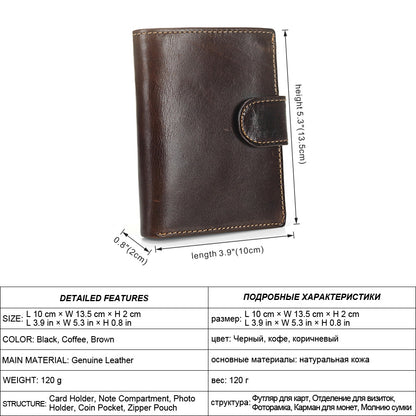 ELECTROPRIME Vintage Men Wallet Genuine Leather Short Wallets Male Multifunctional Cowhide Male Purse Coin Pocket Photo Card Holder(Brown)