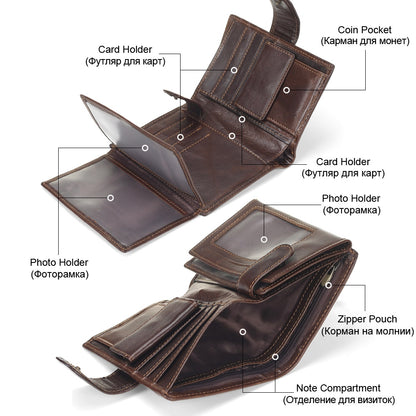 ELECTROPRIME Vintage Men Wallet Genuine Leather Short Wallets Male Multifunctional Cowhide Male Purse Coin Pocket Photo Card Holder(Brown)