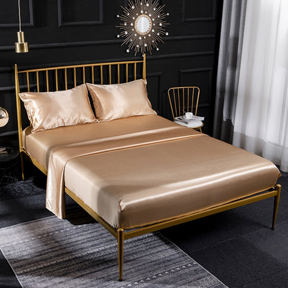 ELECTROPRIME Home Ice Silk Simulation Silk Four-Piece Pillowcase Flat Sheet Fitted Sheet Set, Size:US-Full/UK-D:138x190x35cm(Camel)