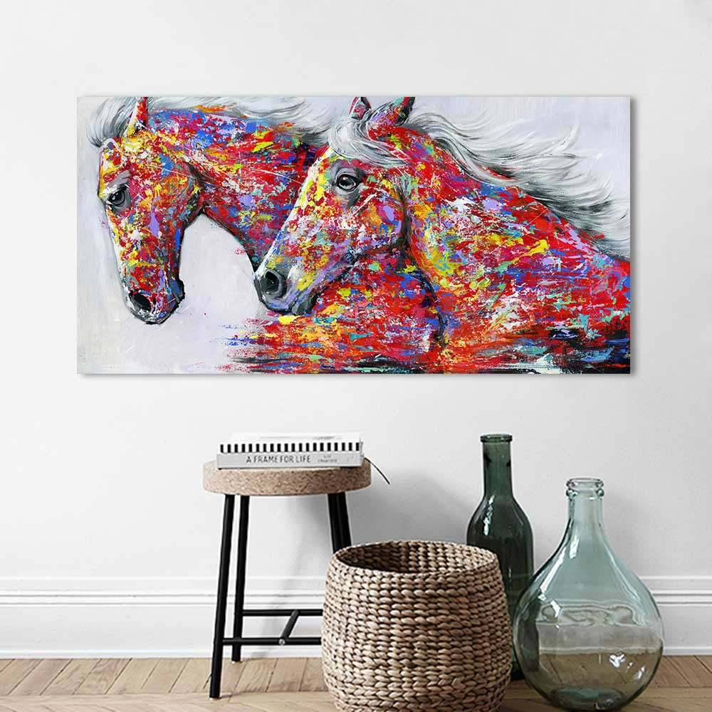 ELECTROPRIME Two Horses Watercolor Decorative Oil Painting Living Room Decoration Painting Frameless Core, Size:20 x 40 cm(Two Horses)