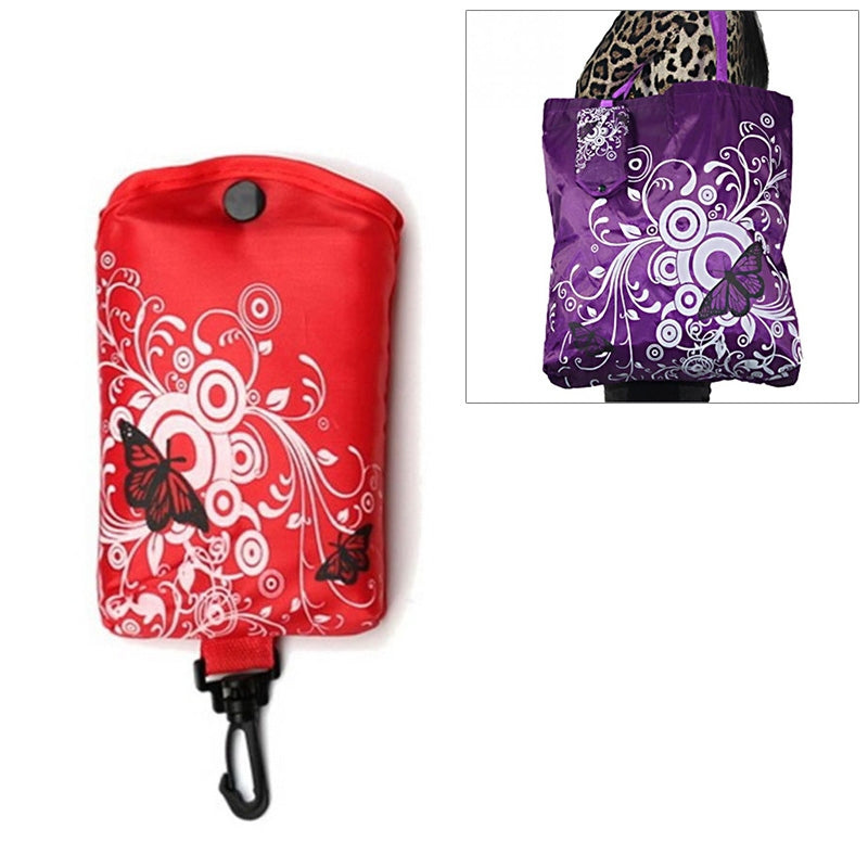 ELECTROPRIME Foldable Shopping Bag Butterfly Flower Oxford Fabric Shoulder Bag Reusable Tote Bag(Red)