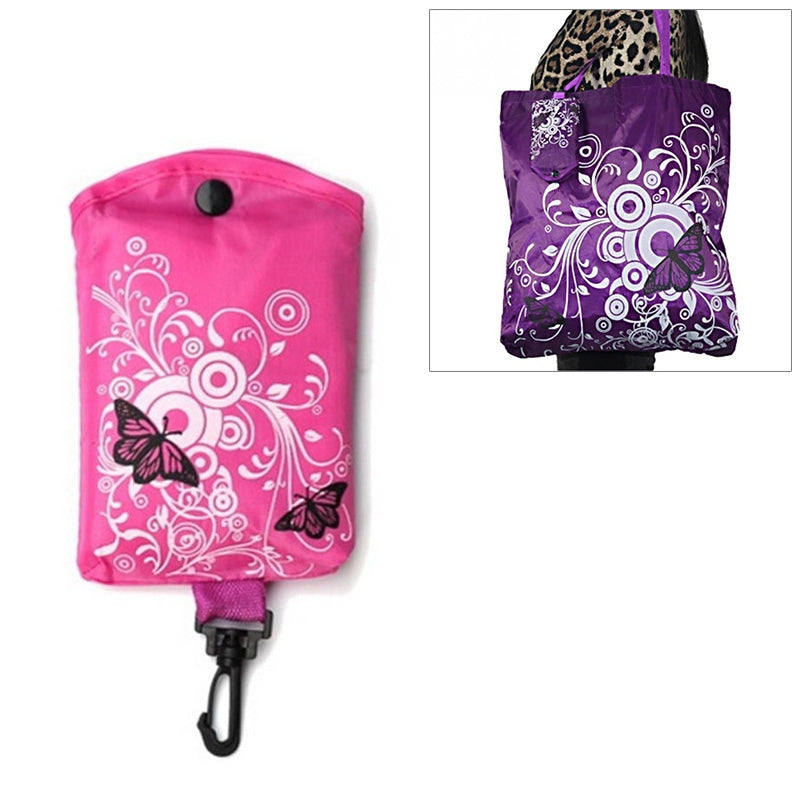 ELECTROPRIME Foldable Shopping Bag Butterfly Flower Oxford Fabric Shoulder Bag Reusable Tote Bag(Rose Red)