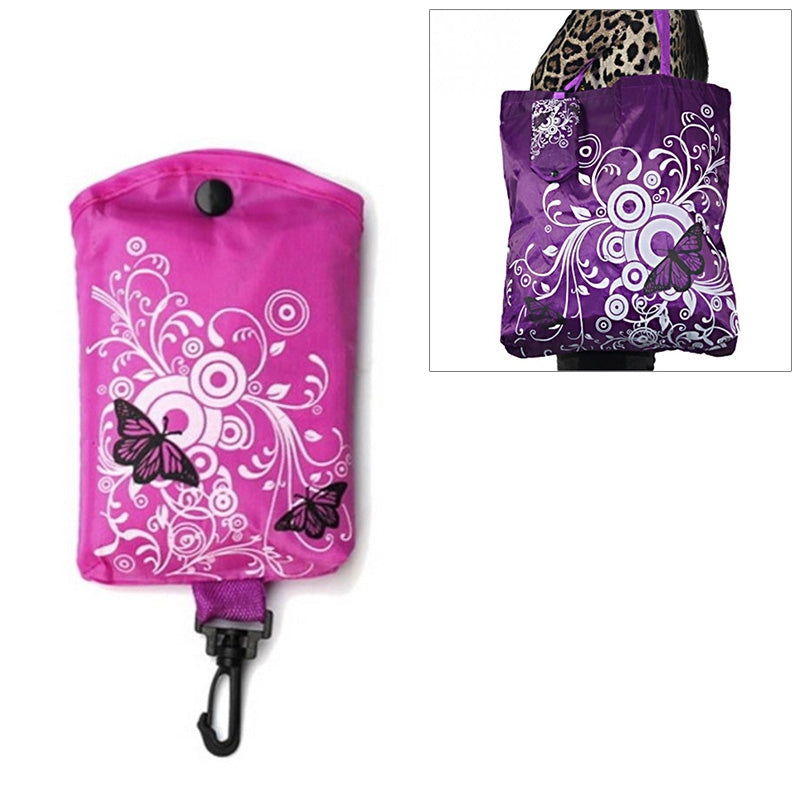 ELECTROPRIME Foldable Shopping Bag Butterfly Flower Oxford Fabric Shoulder Bag Reusable Tote Bag(Purple Red)