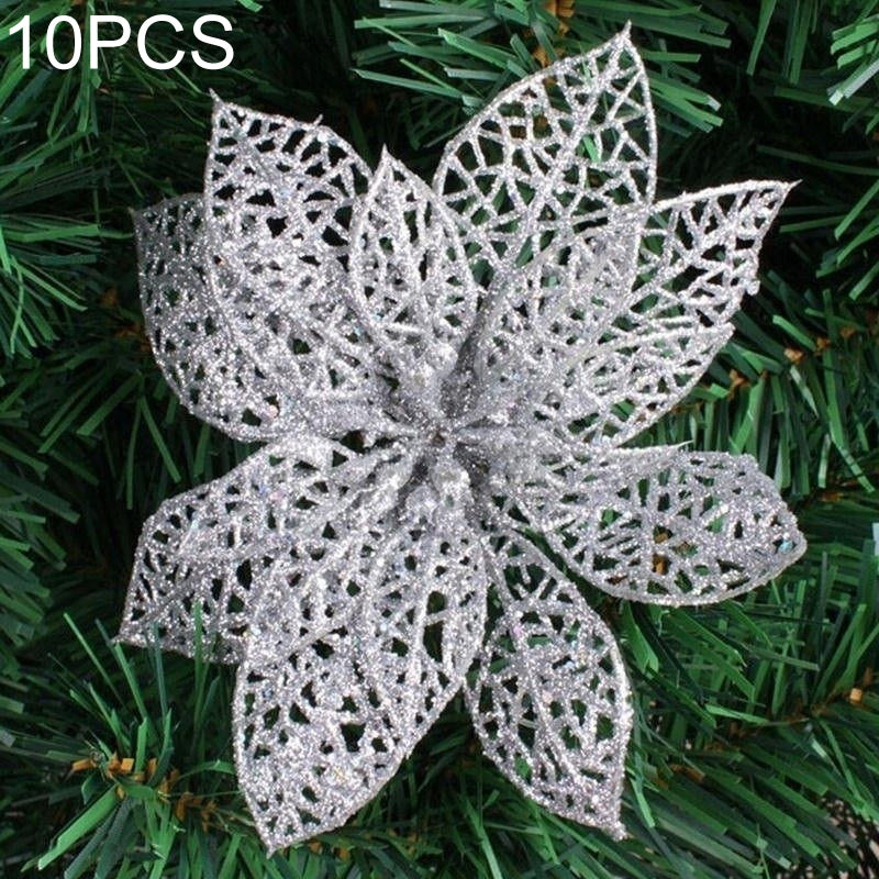 ELECTROPRIME 10 PCS 15cm Simulation Hollow Artificial Flower Children Birthday Party Decoration New Year Christmas Decor(Silver)