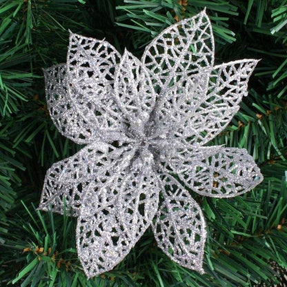 ELECTROPRIME 10 PCS 15cm Simulation Hollow Artificial Flower Children Birthday Party Decoration New Year Christmas Decor(Silver)