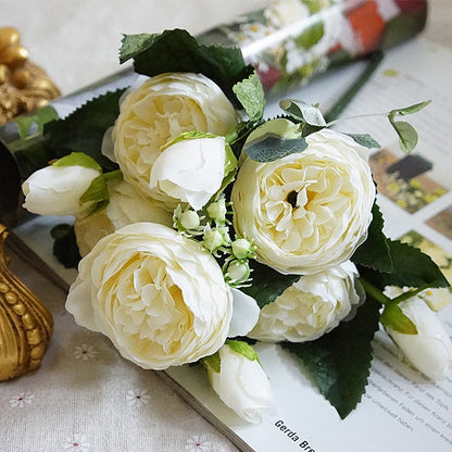 ELECTROPRIME Beautiful Rose Peony Artificial Silk Flowers Small Bouquet Fores Home Party Spring Wedding Decoration Fake Flower(White)