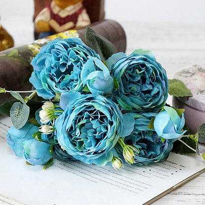 ELECTROPRIME Beautiful Rose Peony Artificial Silk Flowers Small Bouquet Fores Home Party Spring Wedding Decoration Fake Flower(Blue)