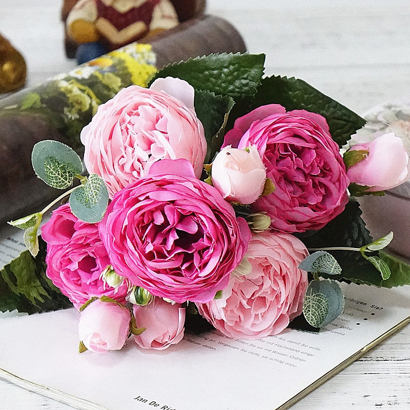 ELECTROPRIME Beautiful Rose Peony Artificial Silk Flowers Small Bouquet Fores Home Party Spring Wedding Decoration Fake Flower(Pink and dark pink)