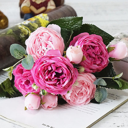 ELECTROPRIME Beautiful Rose Peony Artificial Silk Flowers Small Bouquet Fores Home Party Spring Wedding Decoration Fake Flower(Pink and dark pink)