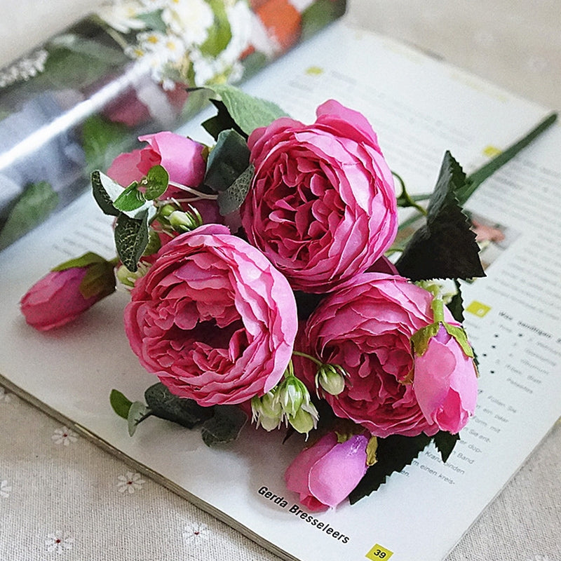 ELECTROPRIME Beautiful Rose Peony Artificial Silk Flowers Small Bouquet Fores Home Party Spring Wedding Decoration Fake Flower(Dark Pink)