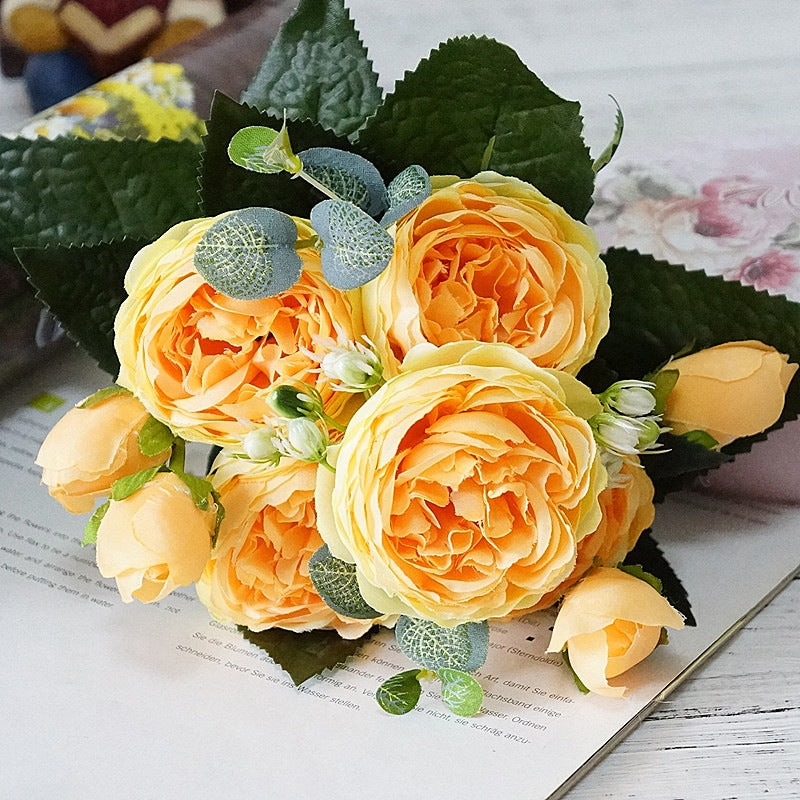 ELECTROPRIME Beautiful Rose Peony Artificial Silk Flowers Small Bouquet Fores Home Party Spring Wedding Decoration Fake Flower(Orange)