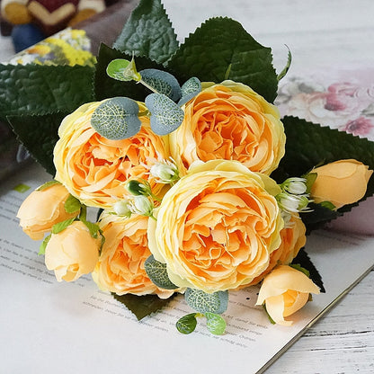 ELECTROPRIME Beautiful Rose Peony Artificial Silk Flowers Small Bouquet Fores Home Party Spring Wedding Decoration Fake Flower(Orange)