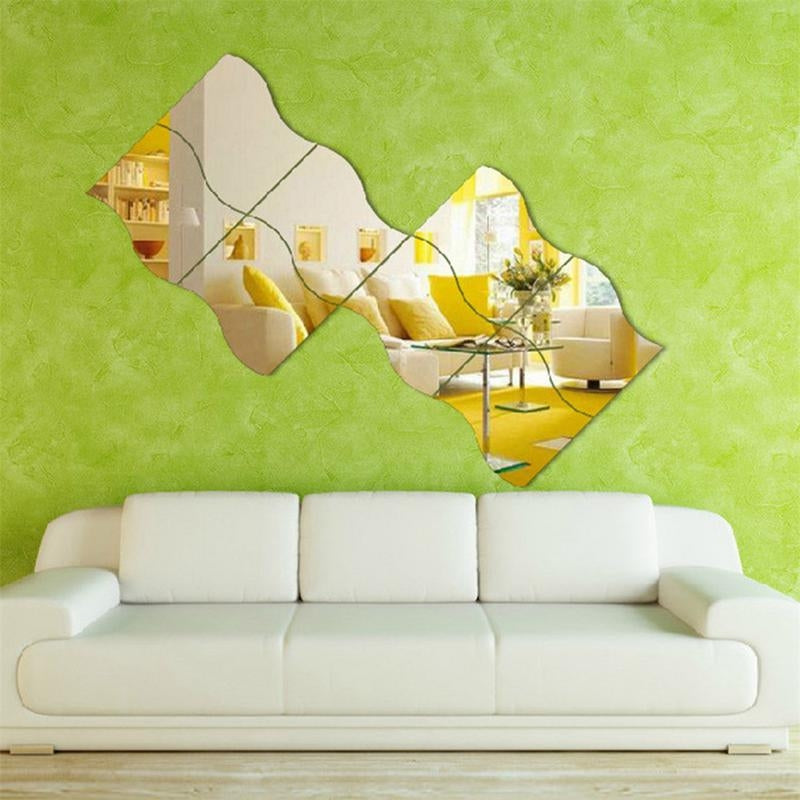 ELECTROPRIME Wall Mirror Acrylic DIY Wave Style Removable Glass Sticker Makeup Mirror Home Bedroom Decorative(Silver)