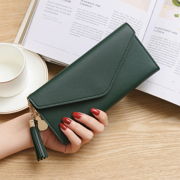 ELECTROPRIME Long Wallet Women Purses Tassel Fashion Coin Purse Card Holder Wallets Female Clutch PU Leather Wallet(Atrovirens)