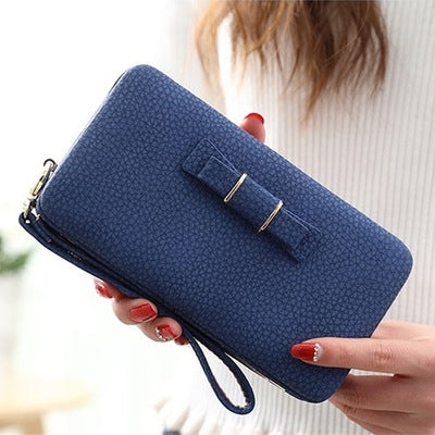 ELECTROPRIME Multifunctional Litchi Texture Buckle PU Ladies Handbag Bow Wallet(Blue)