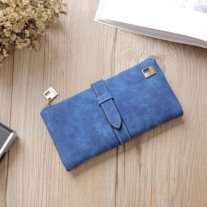 ELECTROPRIME Solid Drawstring Nubuck Leather Zipper Long Women Wallet Phone Bag Purse Card Holder(Blue)