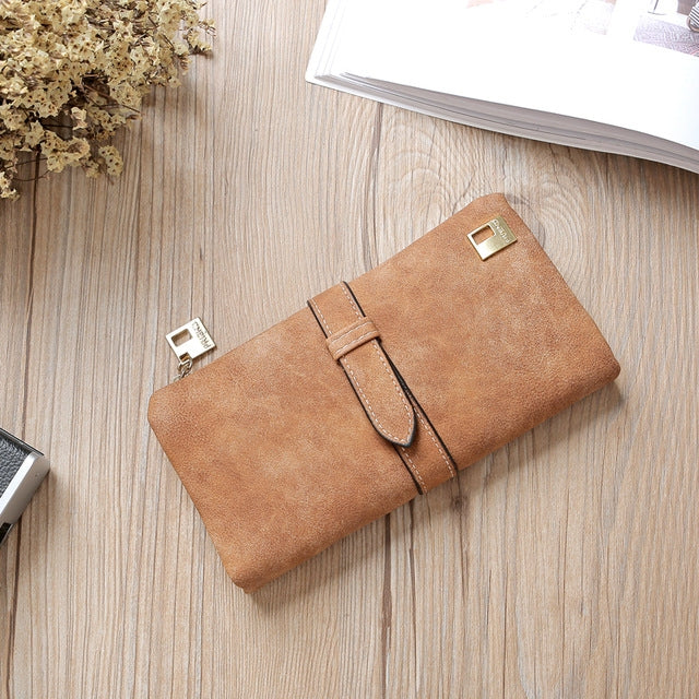 ELECTROPRIME Solid Drawstring Nubuck Leather Zipper Long Women Wallet Phone Bag Purse Card Holder(Brown)