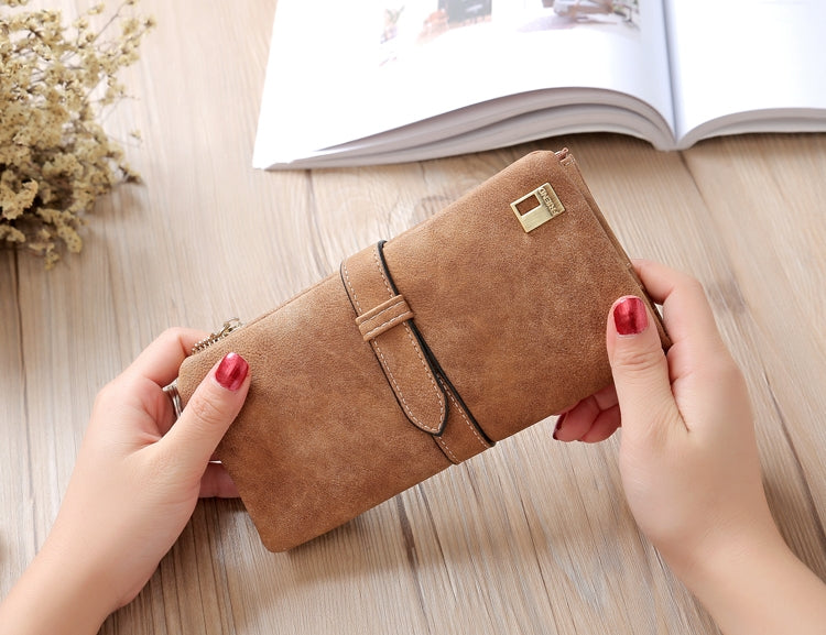 ELECTROPRIME Solid Drawstring Nubuck Leather Zipper Long Women Wallet Phone Bag Purse Card Holder(Brown)