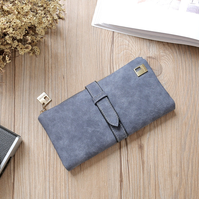 ELECTROPRIME Solid Drawstring Nubuck Leather Zipper Long Women Wallet Phone Bag Purse Card Holder(Gray)