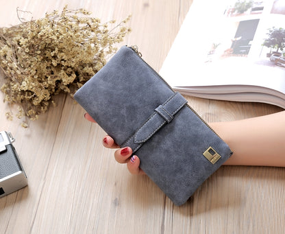 ELECTROPRIME Solid Drawstring Nubuck Leather Zipper Long Women Wallet Phone Bag Purse Card Holder(Gray)