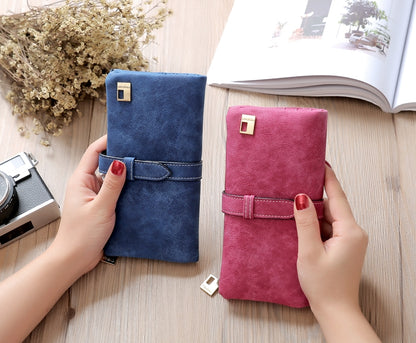 ELECTROPRIME Solid Drawstring Nubuck Leather Zipper Long Women Wallet Phone Bag Purse Card Holder(Gray)