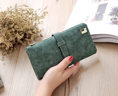 ELECTROPRIME Solid Drawstring Nubuck Leather Zipper Long Women Wallet Phone Bag Purse Card Holder(Green)