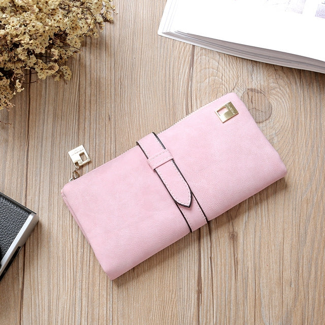 ELECTROPRIME Solid Drawstring Nubuck Leather Zipper Long Women Wallet Phone Bag Purse Card Holder(Pink)