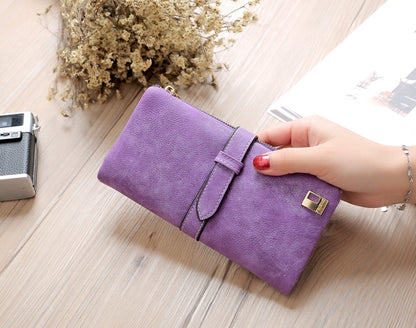 ELECTROPRIME Solid Drawstring Nubuck Leather Zipper Long Women Wallet Phone Bag Purse Card Holder(Purple)