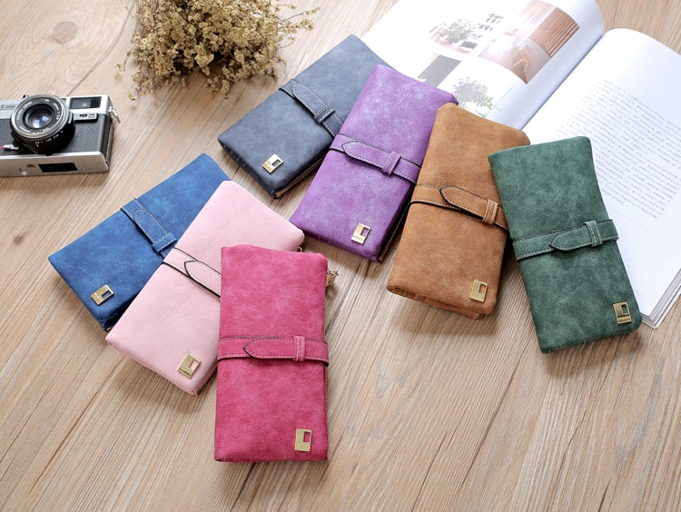 ELECTROPRIME Solid Drawstring Nubuck Leather Zipper Long Women Wallet Phone Bag Purse Card Holder(Purple)