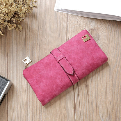 ELECTROPRIME Solid Drawstring Nubuck Leather Zipper Long Women Wallet Phone Bag Purse Card Holder(Rose Red)