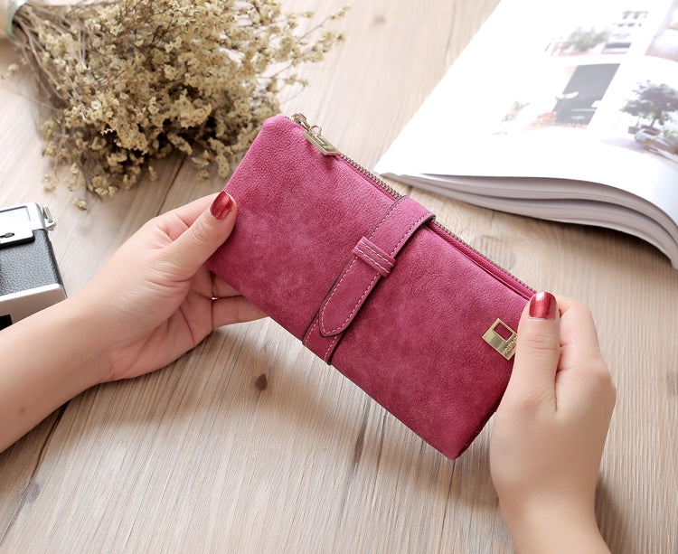 ELECTROPRIME Solid Drawstring Nubuck Leather Zipper Long Women Wallet Phone Bag Purse Card Holder(Rose Red)