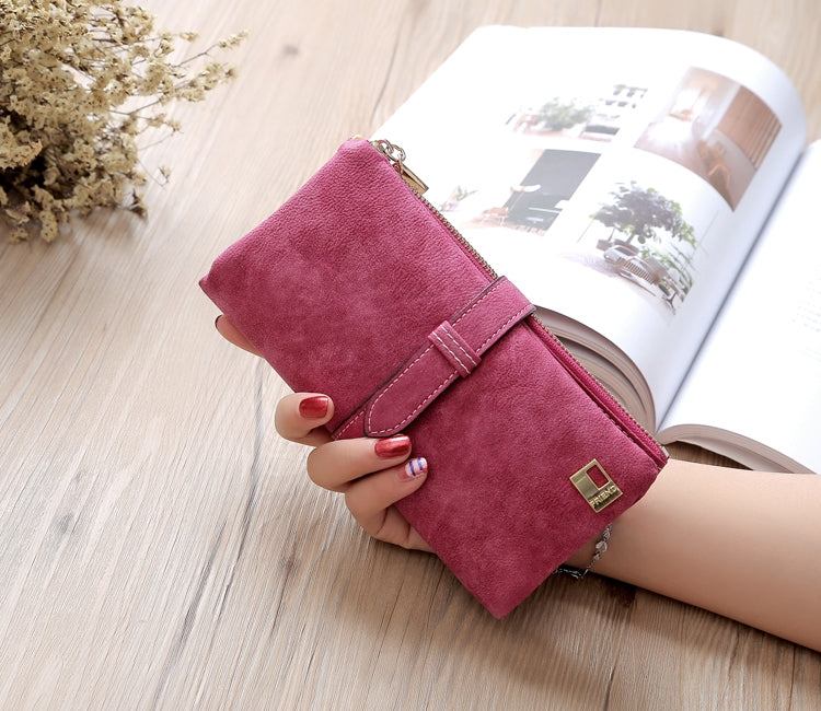 ELECTROPRIME Solid Drawstring Nubuck Leather Zipper Long Women Wallet Phone Bag Purse Card Holder(Rose Red)