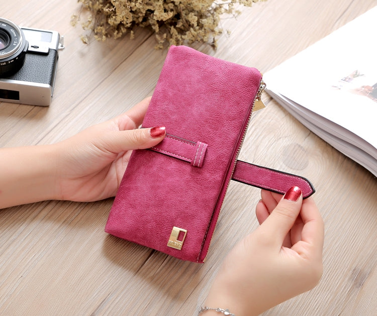 ELECTROPRIME Solid Drawstring Nubuck Leather Zipper Long Women Wallet Phone Bag Purse Card Holder(Rose Red)