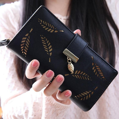 ELECTROPRIME Long Gold Hollow Leaves Coin Purse Card Holders Wallet for Women(Black)